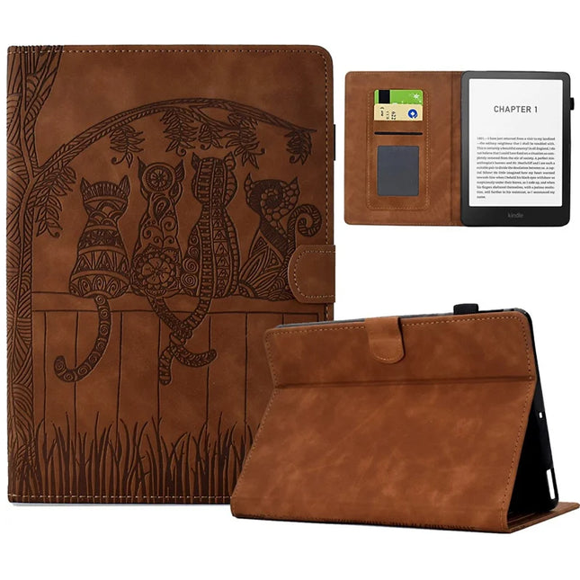 For Amazon Kindle Paperwhite (2024) Case Cats Imprinted PU Leather Card Slots E-Reader Cover - Brown