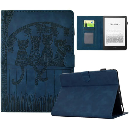 For Amazon Kindle Paperwhite (2024) Case Cats Imprinted PU Leather Card Slots E-Reader Cover - Dark Blue