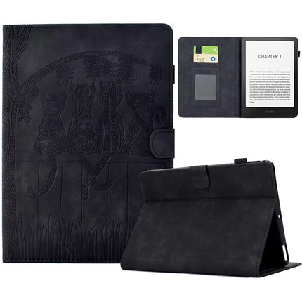 For Amazon Kindle Paperwhite (2024) Case Cats Imprinted PU Leather Card Slots E-Reader Cover - Black