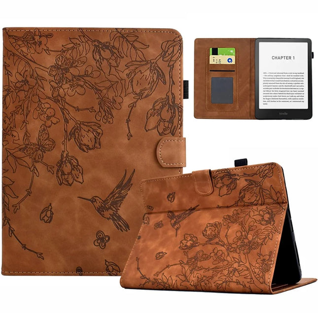For Amazon Kindle Paperwhite (2024) Case Flower Bird Imprinted Card Holder Leather E-Reader Cover - Brown