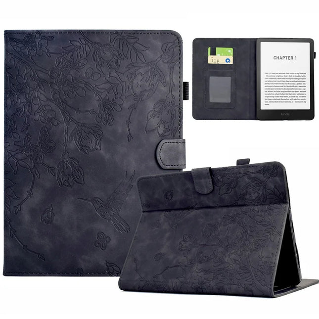 For Amazon Kindle Paperwhite (2024) Case Flower Bird Imprinted Card Holder Leather E-Reader Cover - Black