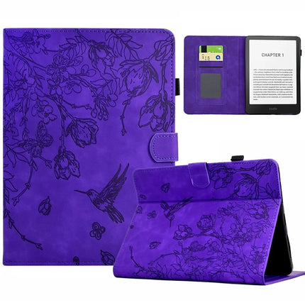 For Amazon Kindle Paperwhite (2024) Case Flower Bird Imprinted Card Holder Leather E-Reader Cover - Purple