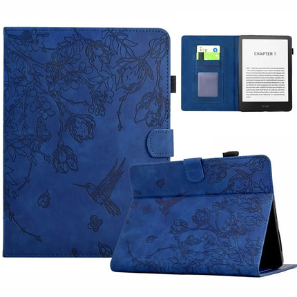 For Amazon Kindle Paperwhite (2024) Case Flower Bird Imprinted Card Holder Leather E-Reader Cover - Dark Blue