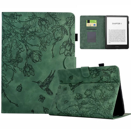 For Amazon Kindle Paperwhite (2024) Case Flower Bird Imprinted Card Holder Leather E-Reader Cover - Green