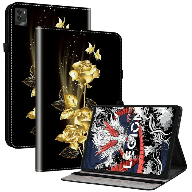 For Lenovo Legion Y700 (2025) Leather Case Pattern Printed Stand Tablet Cover with Card Slots - Gold Butterfly Rose