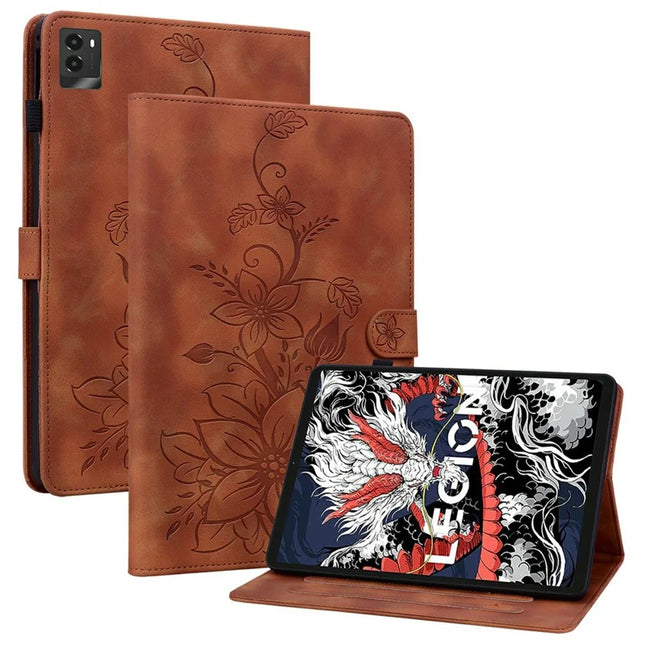 For Lenovo Legion Y700 (2025) Case Lily Flower Imprint Card Slots Leather Tablet Cover - Brown
