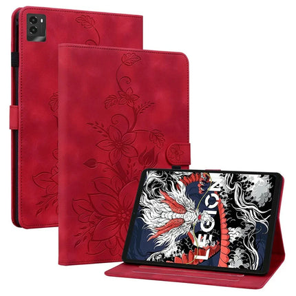 For Lenovo Legion Y700 (2025) Case Lily Flower Imprint Card Slots Leather Tablet Cover - Red