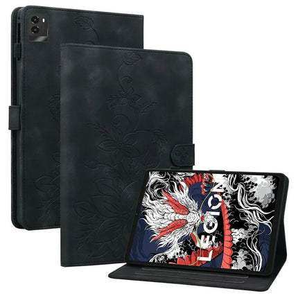 For Lenovo Legion Y700 (2025) Case Lily Flower Imprint Card Slots Leather Tablet Cover - Black