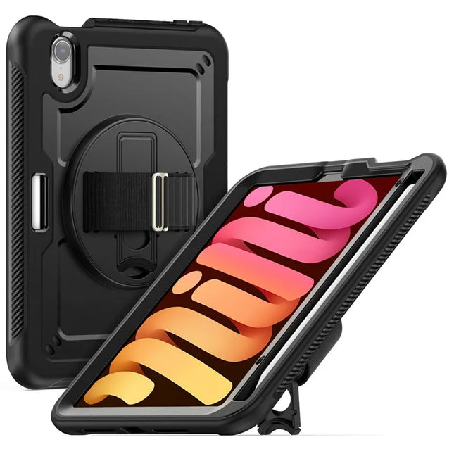 For iPad mini (2024)  /  (2021) Case Compatible with MagSafe Kickstand PC + TPU Tablet Cover with Shoulder Strap - Black