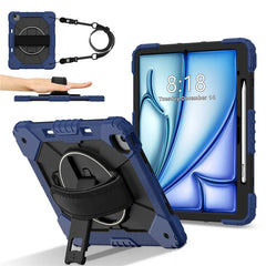 For iPad Air 13 (2024) Case Silicone + PC Kickstand Tablet Cover with Handy Strap, Shoulder Strap - Navy Blue / Black