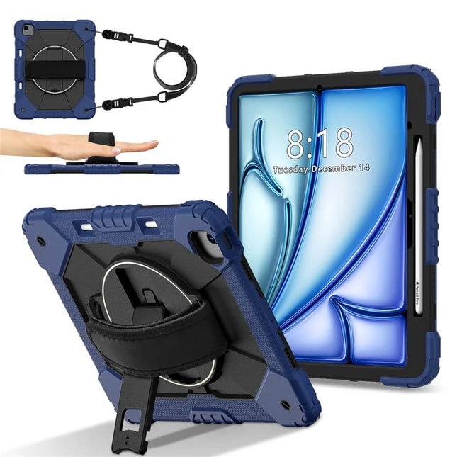 For iPad Air 13 (2024) Case Silicone + PC Kickstand Tablet Cover with Handy Strap, Shoulder Strap - Navy Blue / Black