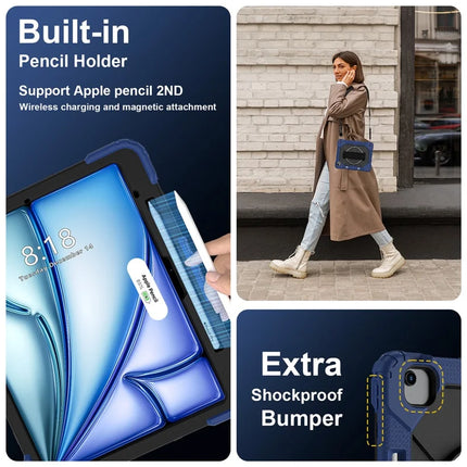 For iPad Air 13 (2024) Case Silicone + PC Kickstand Tablet Cover with Handy Strap, Shoulder Strap