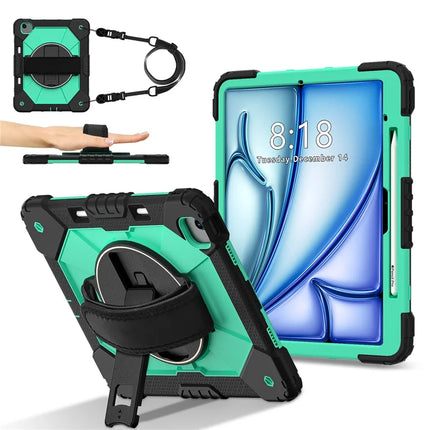 For iPad Air 13 (2024) Case Silicone + PC Kickstand Tablet Cover with Handy Strap, Shoulder Strap - Black / Mint Green