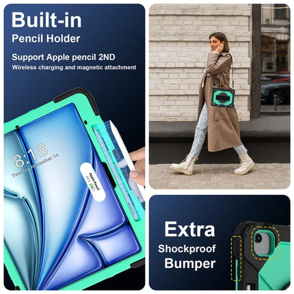 For iPad Air 13 (2024) Case Silicone + PC Kickstand Tablet Cover with Handy Strap, Shoulder Strap