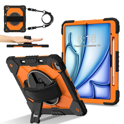 For iPad Air 13 (2024) Case Silicone + PC Kickstand Tablet Cover with Handy Strap, Shoulder Strap - Black / Orange