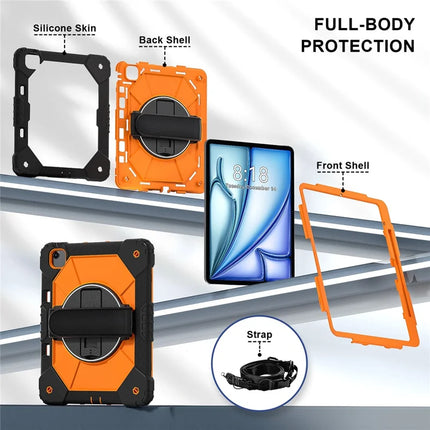For iPad Air 13 (2024) Case Silicone + PC Kickstand Tablet Cover with Handy Strap, Shoulder Strap
