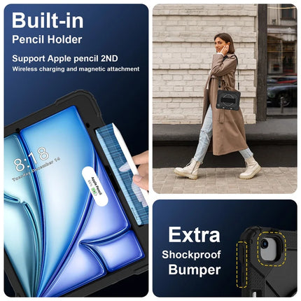 For iPad Air 13 (2024) Case Silicone + PC Kickstand Tablet Cover with Handy Strap, Shoulder Strap