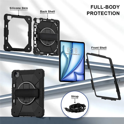 For iPad Air 13 (2024) Case Silicone + PC Kickstand Tablet Cover with Handy Strap, Shoulder Strap