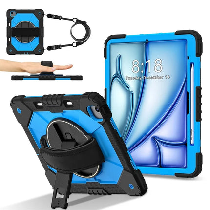 For iPad Air 13 (2024) Case Silicone + PC Kickstand Tablet Cover with Handy Strap, Shoulder Strap - Black / Blue