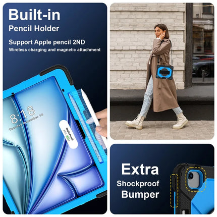 For iPad Air 13 (2024) Case Silicone + PC Kickstand Tablet Cover with Handy Strap, Shoulder Strap