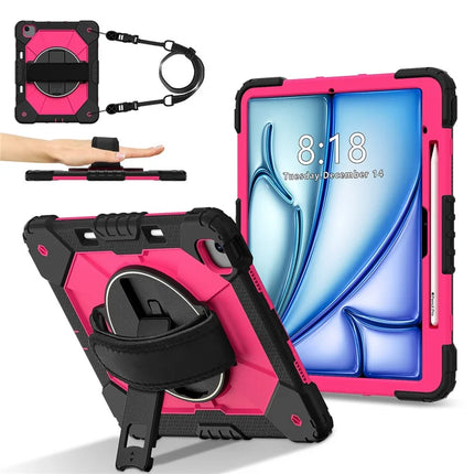 For iPad Air 13 (2024) Case Silicone + PC Kickstand Tablet Cover with Handy Strap, Shoulder Strap - Black / Rose