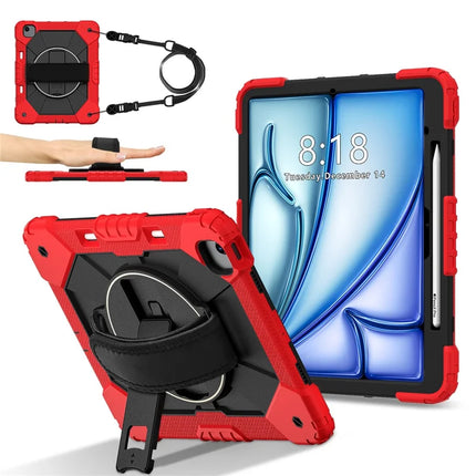 For iPad Air 13 (2024) Case Silicone + PC Kickstand Tablet Cover with Handy Strap, Shoulder Strap - Red / Black