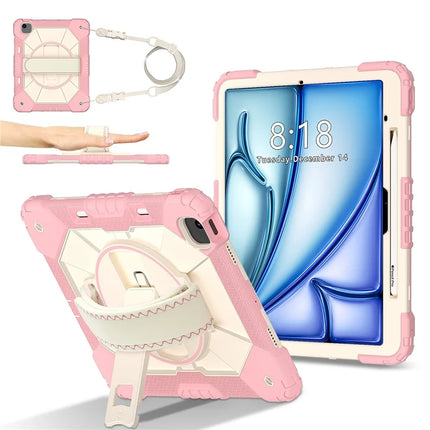 For iPad Air 13 (2024) Case Silicone + PC Kickstand Tablet Cover with Handy Strap, Shoulder Strap - Rose Gold