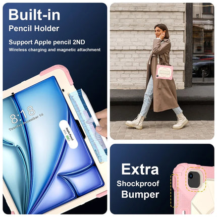 For iPad Air 13 (2024) Case Silicone + PC Kickstand Tablet Cover with Handy Strap, Shoulder Strap