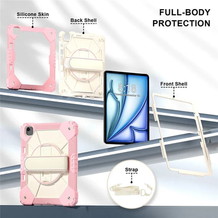 For iPad Air 13 (2024) Case Silicone + PC Kickstand Tablet Cover with Handy Strap, Shoulder Strap