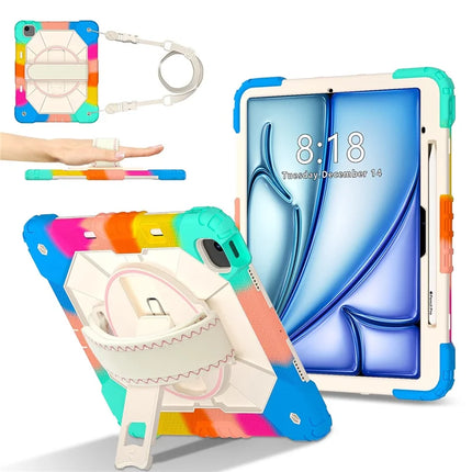 For iPad Air 13 (2024) Case Silicone + PC Kickstand Tablet Cover with Handy Strap, Shoulder Strap - Colorful Blue