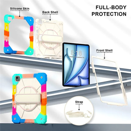 For iPad Air 13 (2024) Case Silicone + PC Kickstand Tablet Cover with Handy Strap, Shoulder Strap