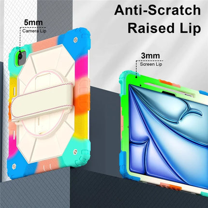 For iPad Air 13 (2024) Case Silicone + PC Kickstand Tablet Cover with Handy Strap, Shoulder Strap