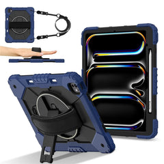 For iPad Pro 13 (2024) Case Silicone + PC Kickstand Tablet Cover with Handy Strap, Shoulder Strap - Navy Blue / Black