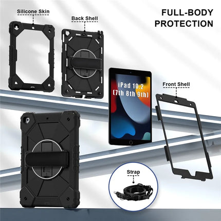 Tablet Case For iPad 10.2 (2021) / (2020) / (2019) Silicone + PC Kickstand Cover with Handy Strap, Shoulder Strap
