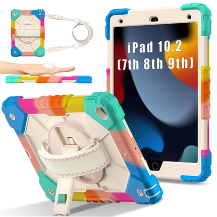 Tablet Case For iPad 10.2 (2021) / (2020) / (2019) Silicone + PC Kickstand Cover with Handy Strap, Shoulder Strap - Colorful Blue