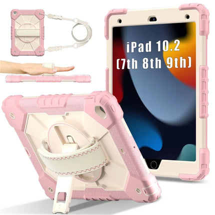 Tablet Case For iPad 10.2 (2021) / (2020) / (2019) Silicone + PC Kickstand Cover with Handy Strap, Shoulder Strap - Rose Gold