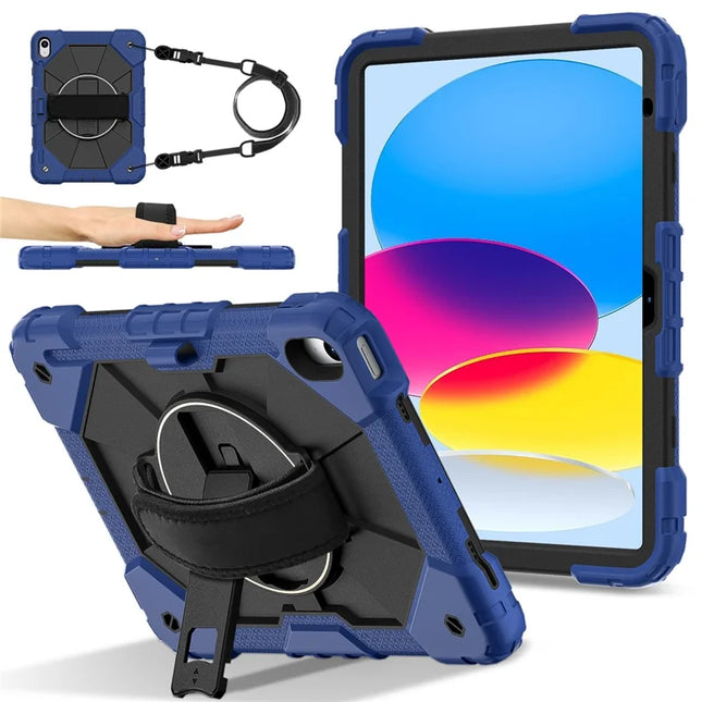 For iPad 10.9 (2022) Case Silicone + PC Kickstand Tablet Cover with Handy Strap, Shoulder Strap - Navy Blue / Black