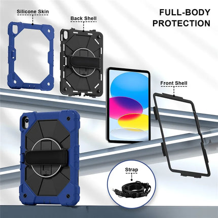 For iPad 10.9 (2022) Case Silicone + PC Kickstand Tablet Cover with Handy Strap, Shoulder Strap