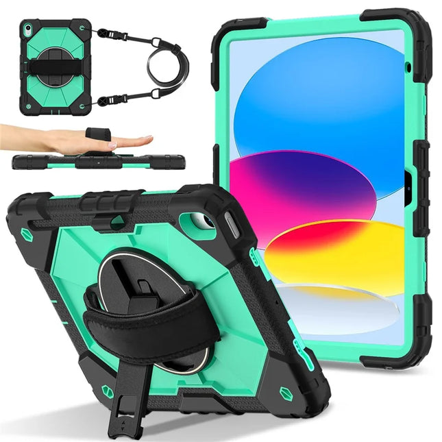 For iPad 10.9 (2022) Case Silicone + PC Kickstand Tablet Cover with Handy Strap, Shoulder Strap - Black / Mint Green