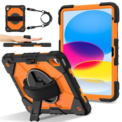 For iPad 10.9 (2022) Case Silicone + PC Kickstand Tablet Cover with Handy Strap, Shoulder Strap - Black / Orange