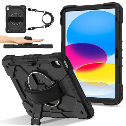 For iPad 10.9 (2022) Case Silicone + PC Kickstand Tablet Cover with Handy Strap, Shoulder Strap - Black / Black