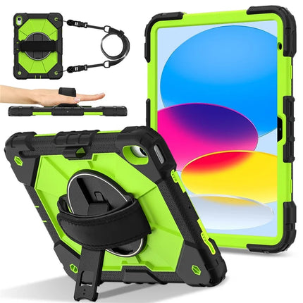 For iPad 10.9 (2022) Case Silicone + PC Kickstand Tablet Cover with Handy Strap, Shoulder Strap - Black / Yellowgreen