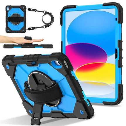 For iPad 10.9 (2022) Case Silicone + PC Kickstand Tablet Cover with Handy Strap, Shoulder Strap - Black / Blue