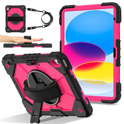For iPad 10.9 (2022) Case Silicone + PC Kickstand Tablet Cover with Handy Strap, Shoulder Strap - Black / Rose
