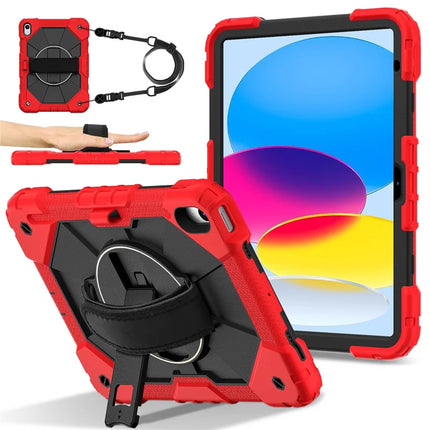 For iPad 10.9 (2022) Case Silicone + PC Kickstand Tablet Cover with Handy Strap, Shoulder Strap - Red / Black