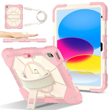 For iPad 10.9 (2022) Case Silicone + PC Kickstand Tablet Cover with Handy Strap, Shoulder Strap - Rose Gold