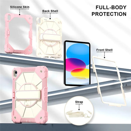 For iPad 10.9 (2022) Case Silicone + PC Kickstand Tablet Cover with Handy Strap, Shoulder Strap
