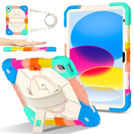 For iPad 10.9 (2022) Case Silicone + PC Kickstand Tablet Cover with Handy Strap, Shoulder Strap - Colorful Blue