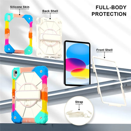 For iPad 10.9 (2022) Case Silicone + PC Kickstand Tablet Cover with Handy Strap, Shoulder Strap