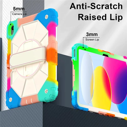 For iPad 10.9 (2022) Case Silicone + PC Kickstand Tablet Cover with Handy Strap, Shoulder Strap